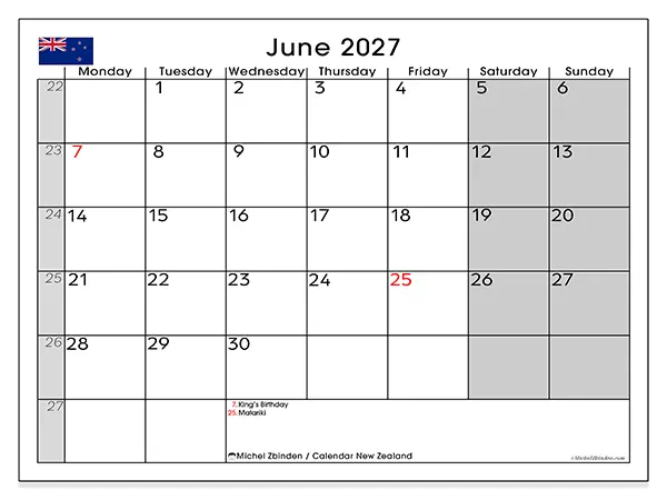 Printable June 2027 calendar - New Zealand