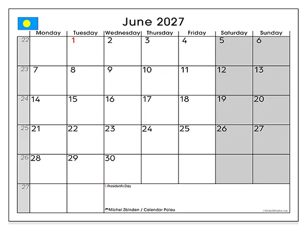 Printable June 2027 calendar - Palau