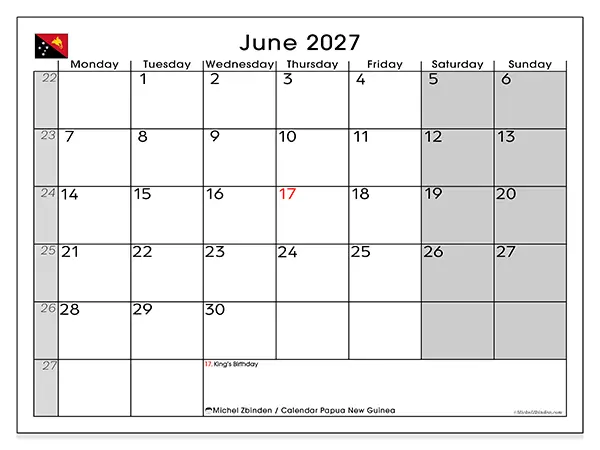 Printable June 2027 calendar - Papua New Guinea