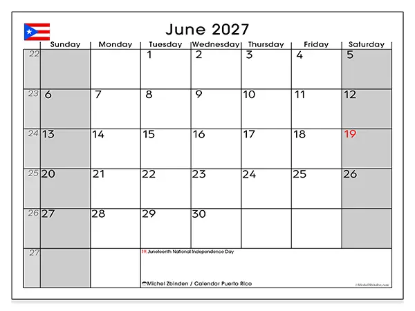 Printable June 2027 calendar - Puerto Rico