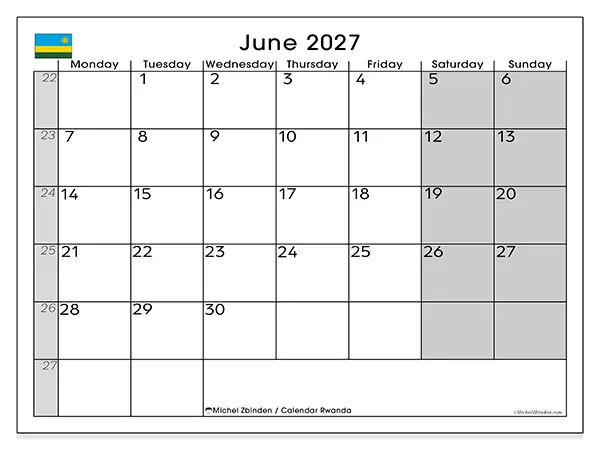 Printable June 2027 calendar - Rwanda