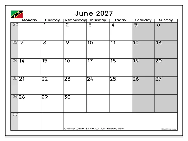 Printable June 2027 calendar - Saint Kitts and Nevis