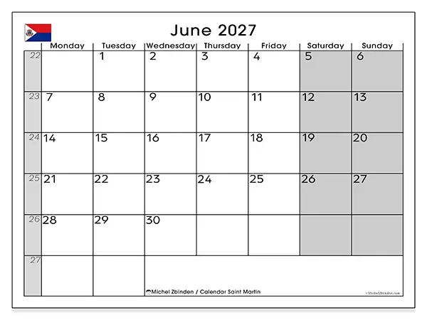 Printable June 2027 calendar - Saint Martin