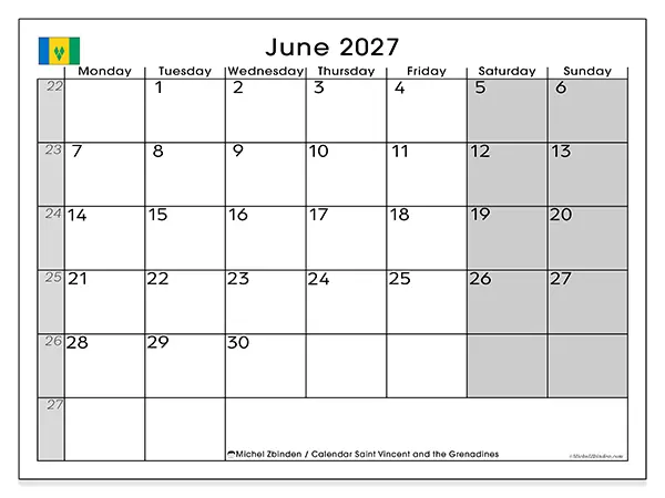 Printable June 2027 calendar - Saint Vincent and the Grenadines