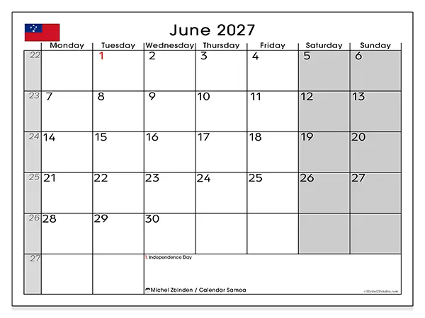Printable June 2027 calendar - Samoa