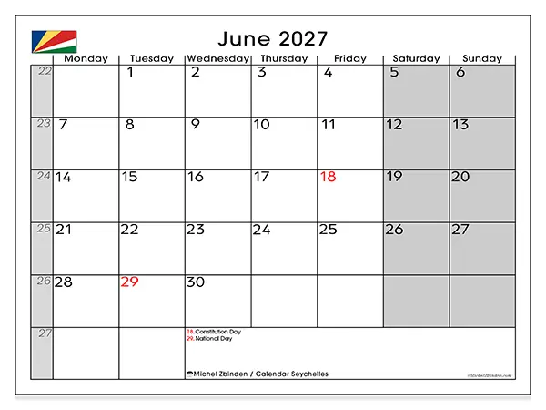 Printable June 2027 calendar - Seychelles
