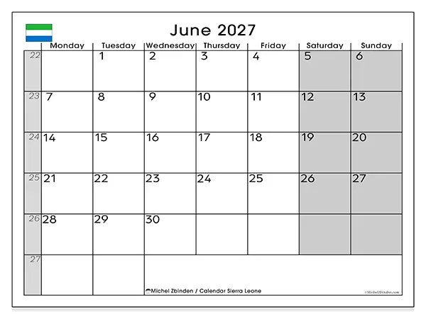 Printable June 2027 calendar - Sierra Leone