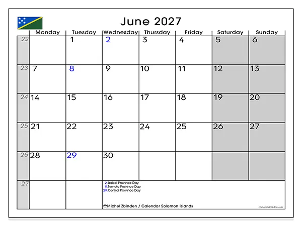 Printable June 2027 calendar - Solomon Islands