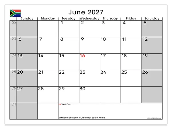 Printable June 2027 calendar - South Africa