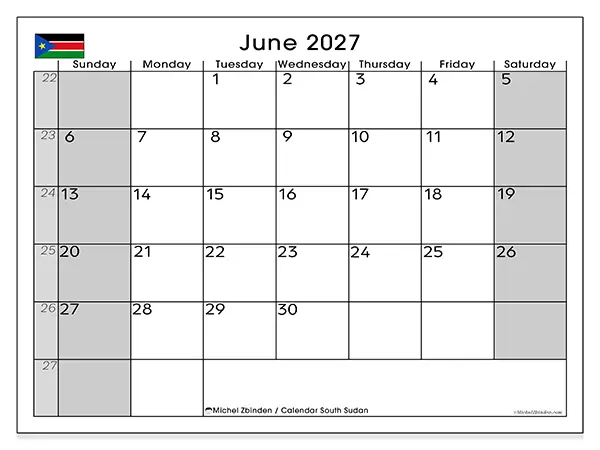 Printable June 2027 calendar - South Sudan