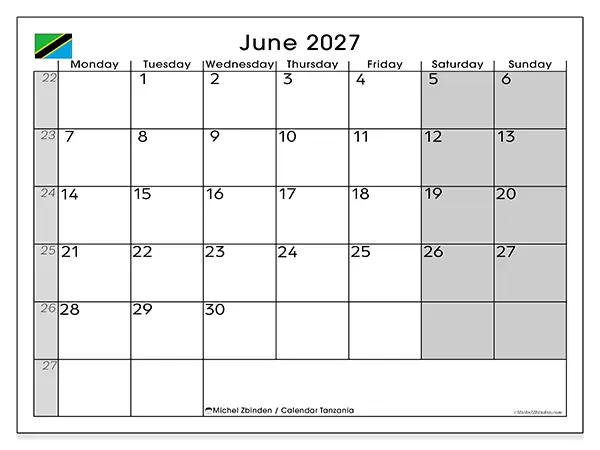 Printable June 2027 calendar - Tanzania