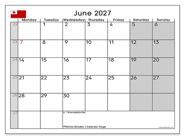 Printable June 2027 calendar - Tonga