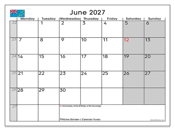 Printable June 2027 calendar - Tuvalu