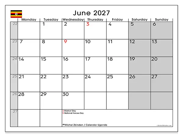 Printable June 2027 calendar - Uganda