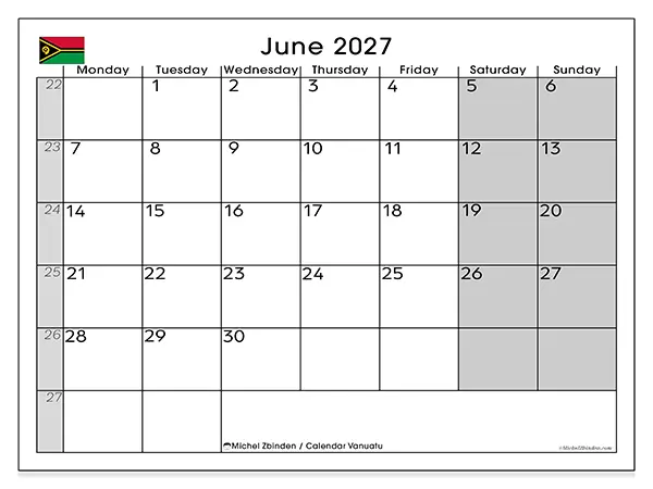 Printable June 2027 calendar - Vanuatu