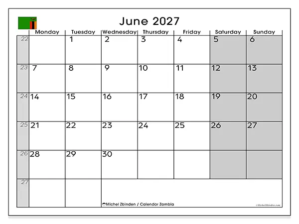 Printable June 2027 calendar - Zambia