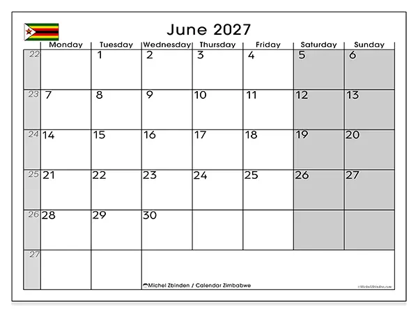 Printable June 2027 calendar - Zimbabwe