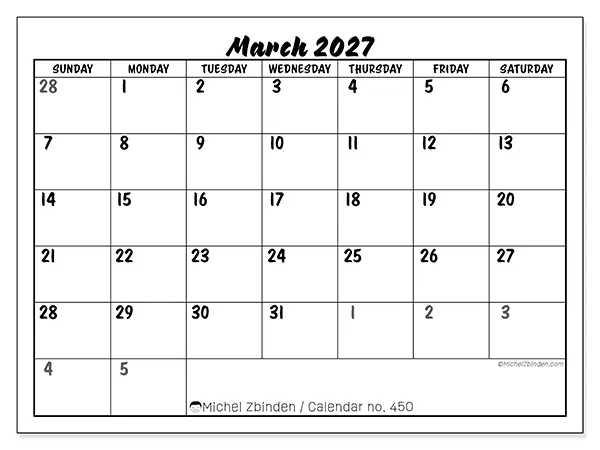 Printable March 2027 calendar - Detailed organization - Week: Sunday to Saturday