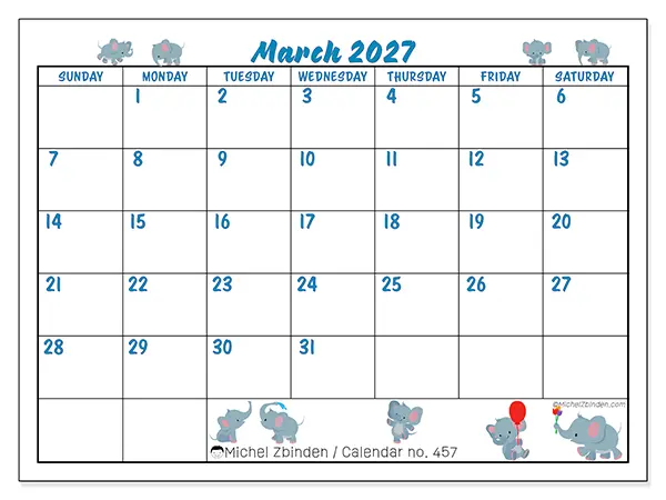 Printable March 2027 calendar - Little elephants - Week: Sunday to Saturday
