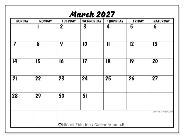 Printable March 2027 calendar - Academic success - Week: Sunday to Saturday