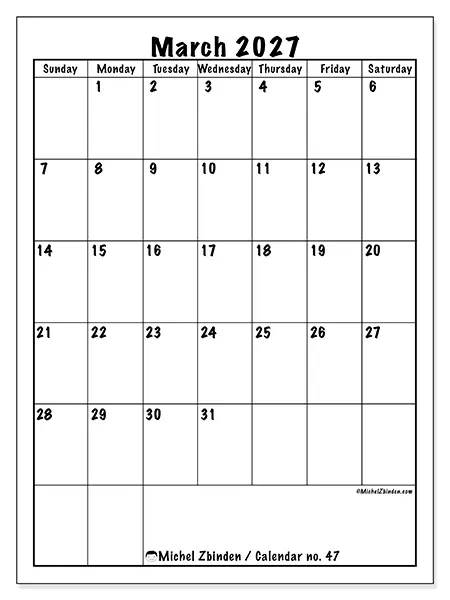 Printable March 2027 calendar - Efficient planning - Week: Sunday to Saturday