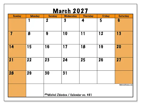 Printable March 2027 calendar - Dynamic planning - Week: Sunday to Saturday