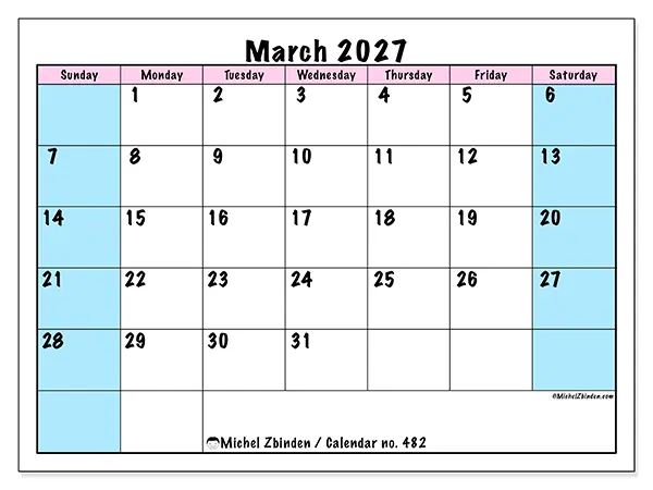 Printable March 2027 calendar - Team schedule - Week: Sunday to Saturday