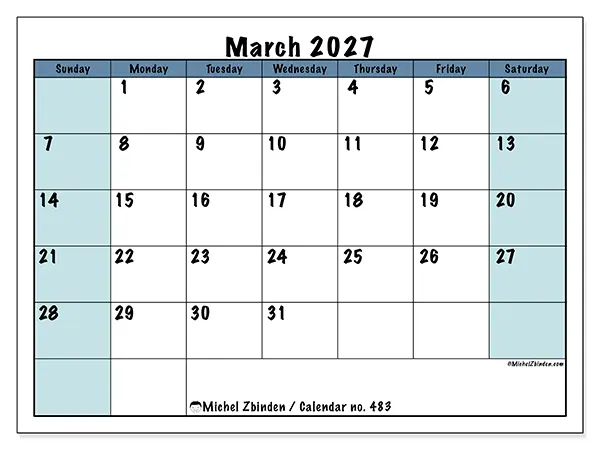 Printable March 2027 calendar - Structured for school - Week: Sunday to Saturday