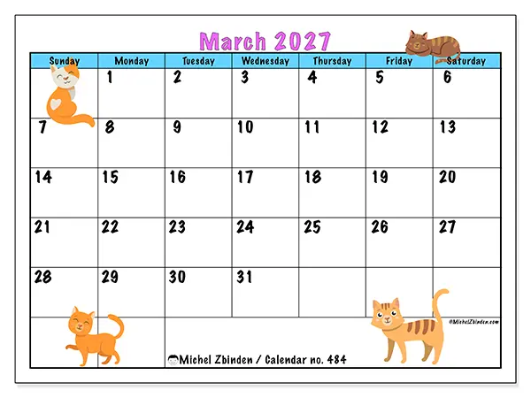 Printable March 2027 calendar - Love of cats - Week: Sunday to Saturday