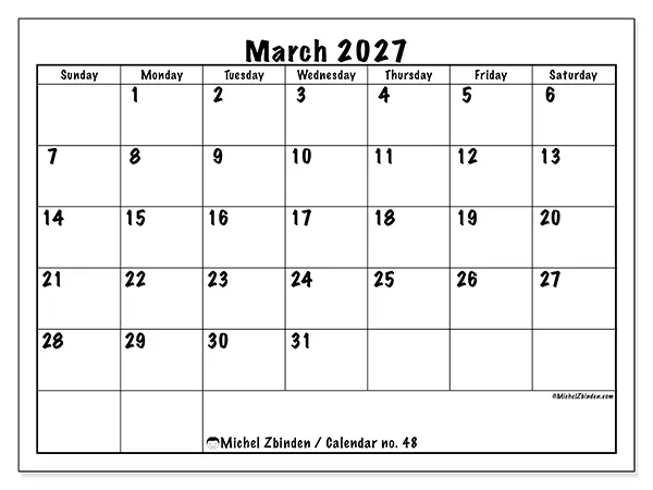 Printable March 2027 calendar - Daily efficiency - Week: Sunday to Saturday