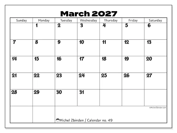 Printable March 2027 calendar - Productive coordination - Week: Sunday to Saturday