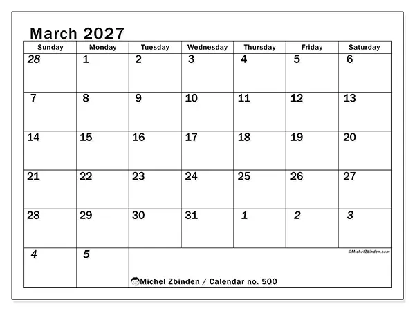 Printable March 2027 calendar - Intensive planning - Week: Sunday to Saturday