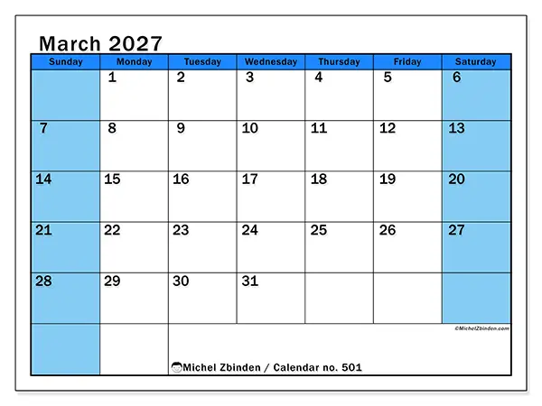Printable March 2027 calendar - Dynamic studies - Week: Sunday to Saturday