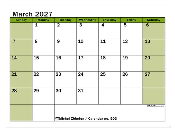 Printable March 2027 calendar - Lively organization - Week: Sunday to Saturday