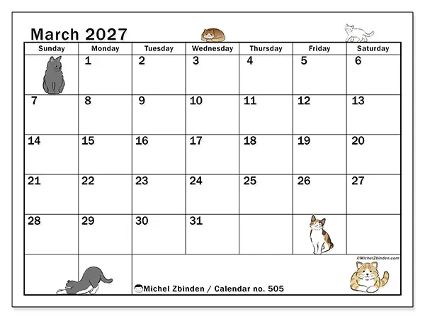 Printable March 2027 calendar - Cat life - Week: Sunday to Saturday
