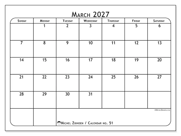 Printable March 2027 calendar - Meal planner - Week: Sunday to Saturday