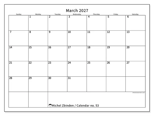Printable March 2027 calendar - Efficient schedule - Week: Sunday to Saturday