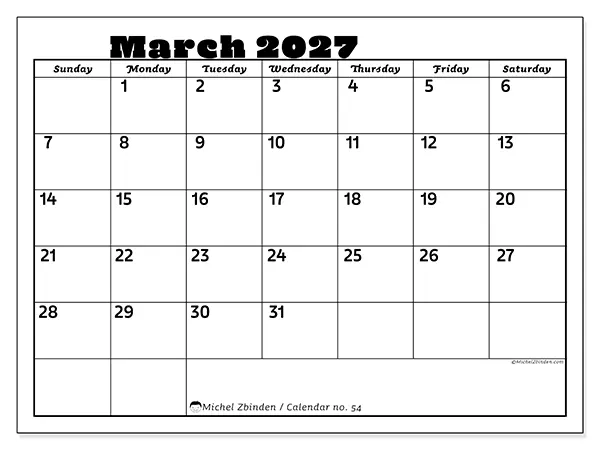 Printable March 2027 calendar - Family activities - Week: Sunday to Saturday