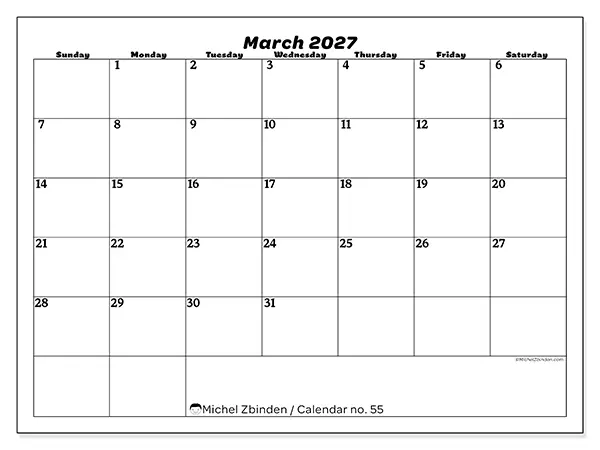 Printable March 2027 calendar - Leisure organization - Week: Sunday to Saturday