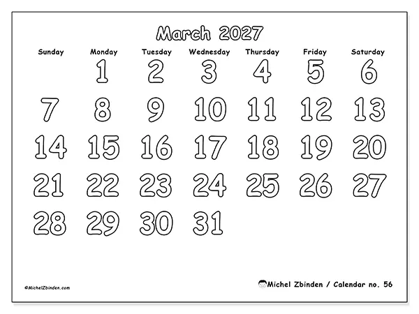 Printable March 2027 calendar - Useful coloring - Week: Sunday to Saturday