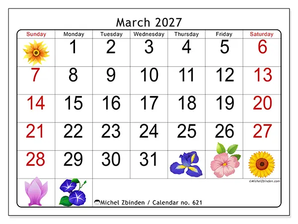 Printable March 2027 calendar - Big flowers - Week: Sunday to Saturday