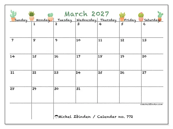 Printable March 2027 calendar - Decorative cactus - Week: Sunday to Saturday