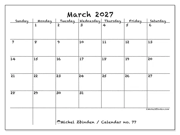Printable March 2027 calendar - School and family - Week: Sunday to Saturday