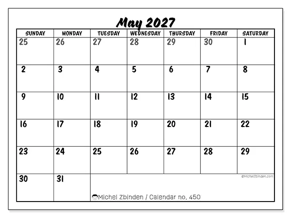 Printable May 2027 calendar - Detailed organization - Week from Sunday to Saturday