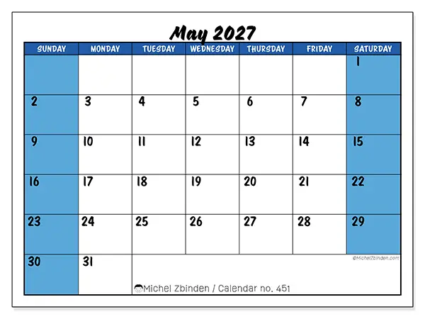 Printable May 2027 calendar - Dynamic organization - Week: Sunday to Saturday