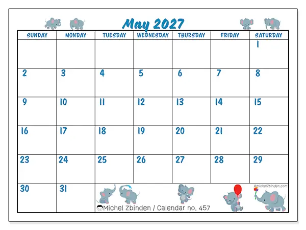 Printable May 2027 calendar - Little elephants - Week from Sunday to Saturday