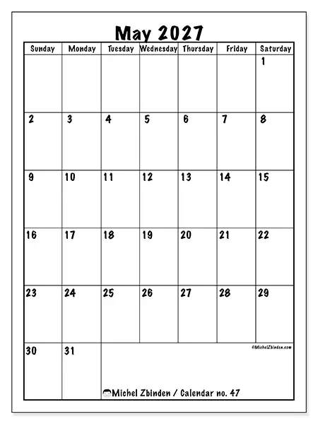 Printable May 2027 calendar - Efficient planning - Week: Sunday to Saturday