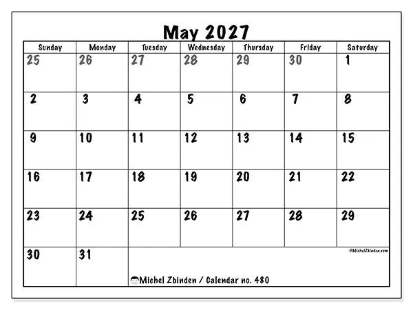 Printable May 2027 calendar - Complete planning - Week: Sunday to Saturday