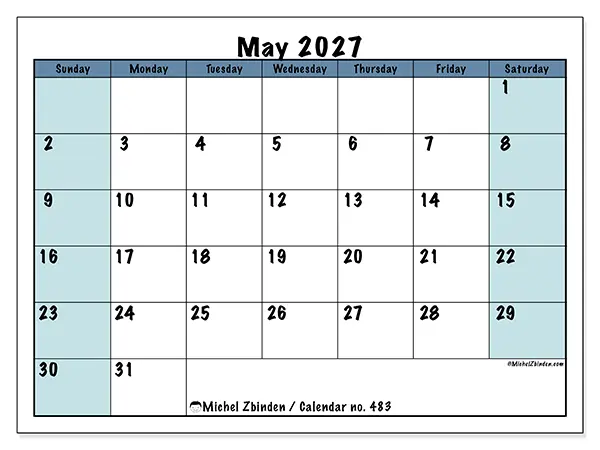 Printable May 2027 calendar - Structured for school - Week: Sunday to Saturday