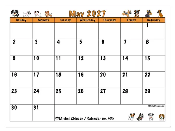 Printable May 2027 calendar - Enthusiastic dogs - Week from Sunday to Saturday